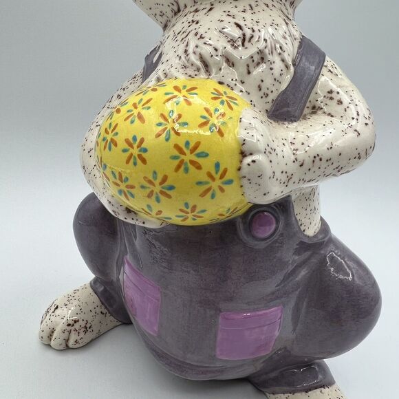 Vintage Ceramic Derpy Easter Rabbit Egg Spring Bunny Overalls 10" - Picture 3 of 5